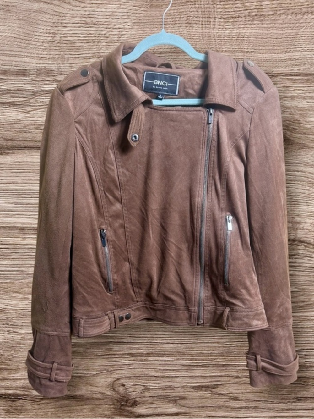 BNCI Blanc Noir brown faux suede leather moto jacket. Large